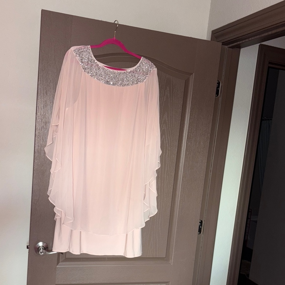 Xscape Pink Embellished Midi Gown with Flutter Sleeves